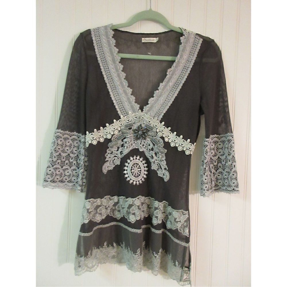 Obstinee gray sheer top embellished size Med